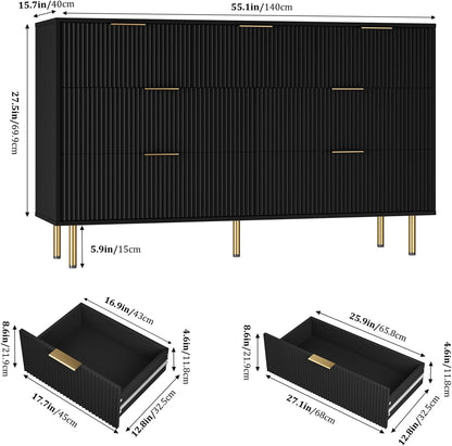 7 Drawers Dresser for Bedroom, Fluted Dresser Chest of Drawers with Gold Handle, Wood Modern