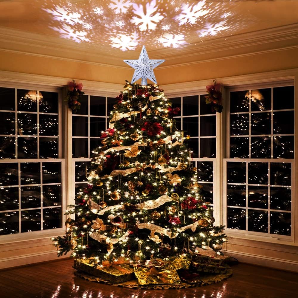 OurWarm Christmas Tree Topper Lighted Star Tree Toppers with LED Rotating Snowflake Projector