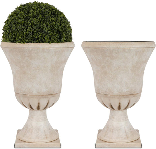 Worth Garden Plastic Urn Planters for Outdoor Plants, Tree 22'' Tall 2 Pack Round Classic Resin