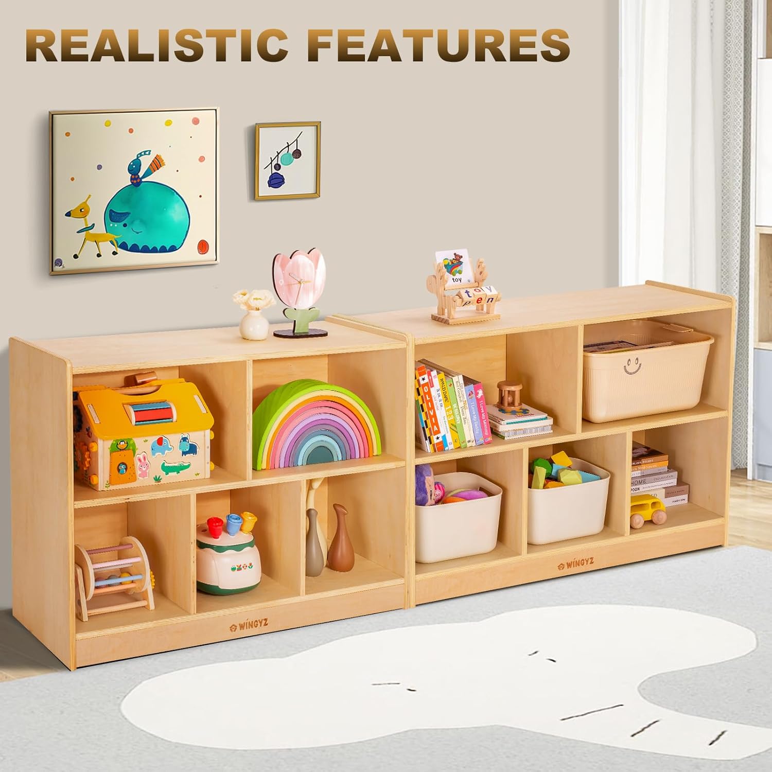 wingyz Wood Storage Shelf Organizer, 35.4" L, 5-Section Montessori Kids Toy & Book Shelf, Wooden