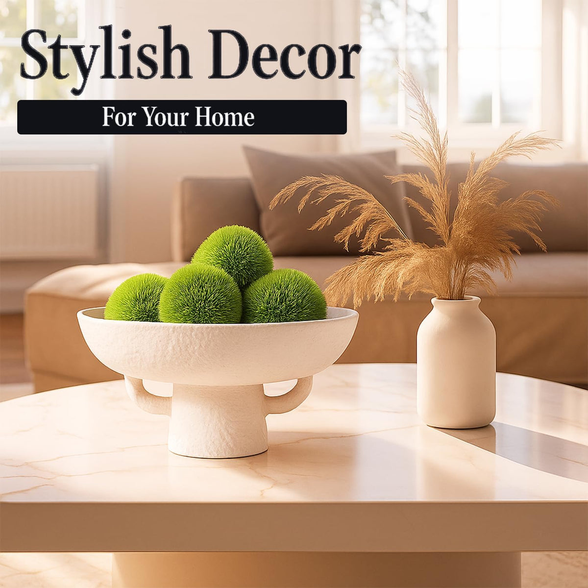 Luxurious White Textured Ceramic Bowl and Greenery Set,12.5x10.5 Inch Pedestal Decorative Bowl