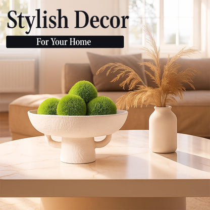 Luxurious White Textured Ceramic Bowl and Greenery Set,12.5x10.5 Inch Pedestal Decorative Bowl