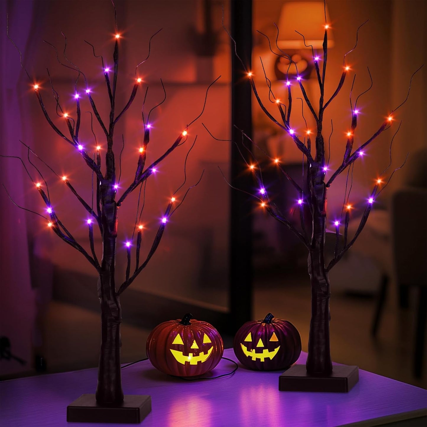 Halloween Decorations Indoor,2 Pack 2FT Birch Tree with 24 Orange and Purple LED Lights,Black