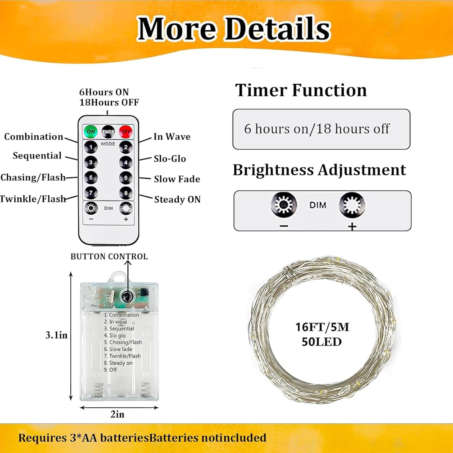 4-Pack Fairy Lights Battery Operated with Remote & Timer & 8 Modes, Waterproof 16 FT 50 LED String