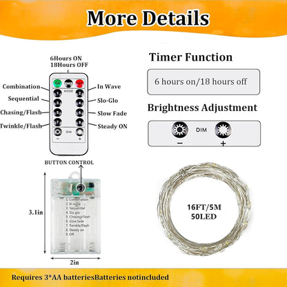 4-Pack Fairy Lights Battery Operated with Remote & Timer & 8 Modes, Waterproof 16 FT 50 LED String