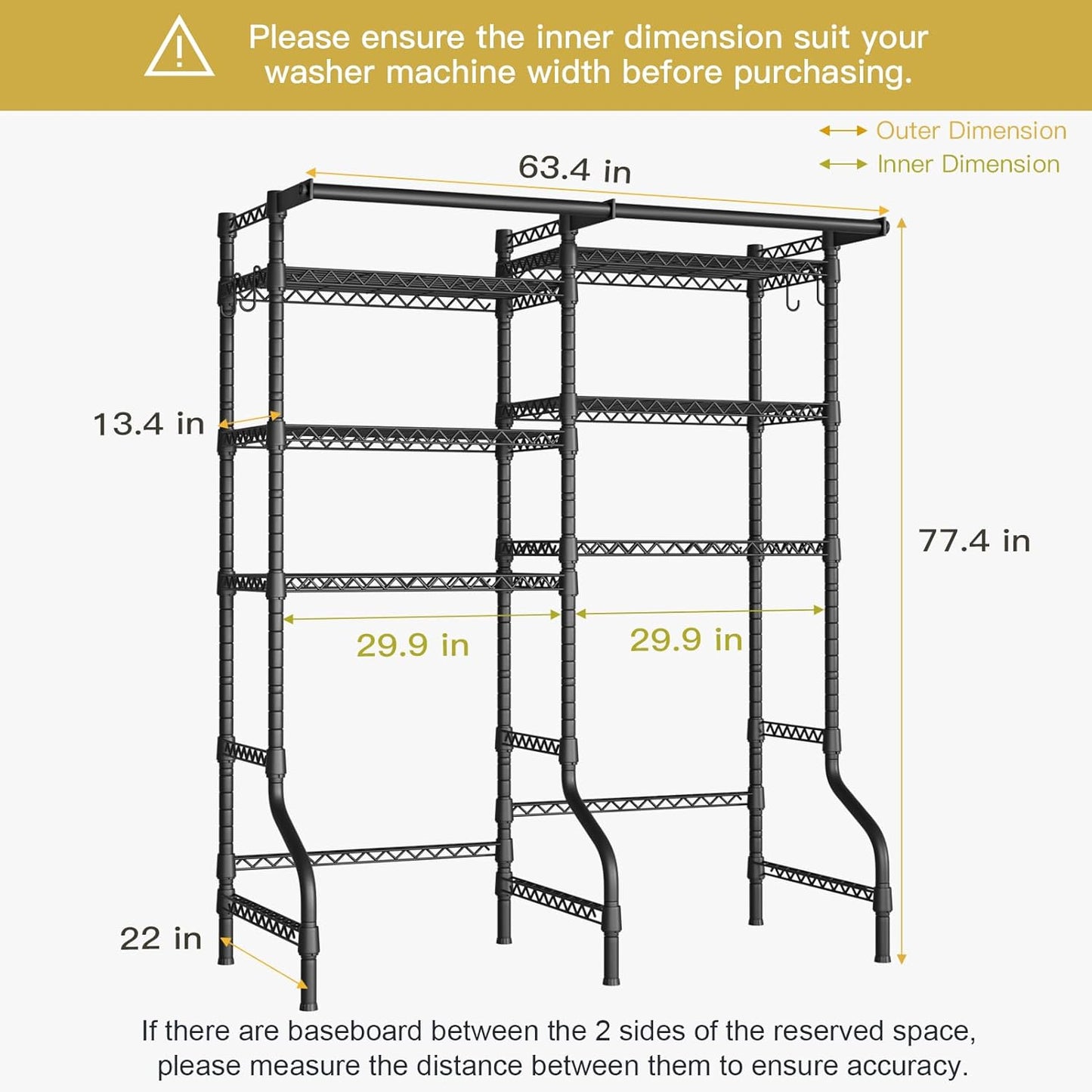 Ulif U13 Over Washer and Dryer Storage Shelves, 6 Tiers Laundry Room Standing Shelf with 2 Hanger