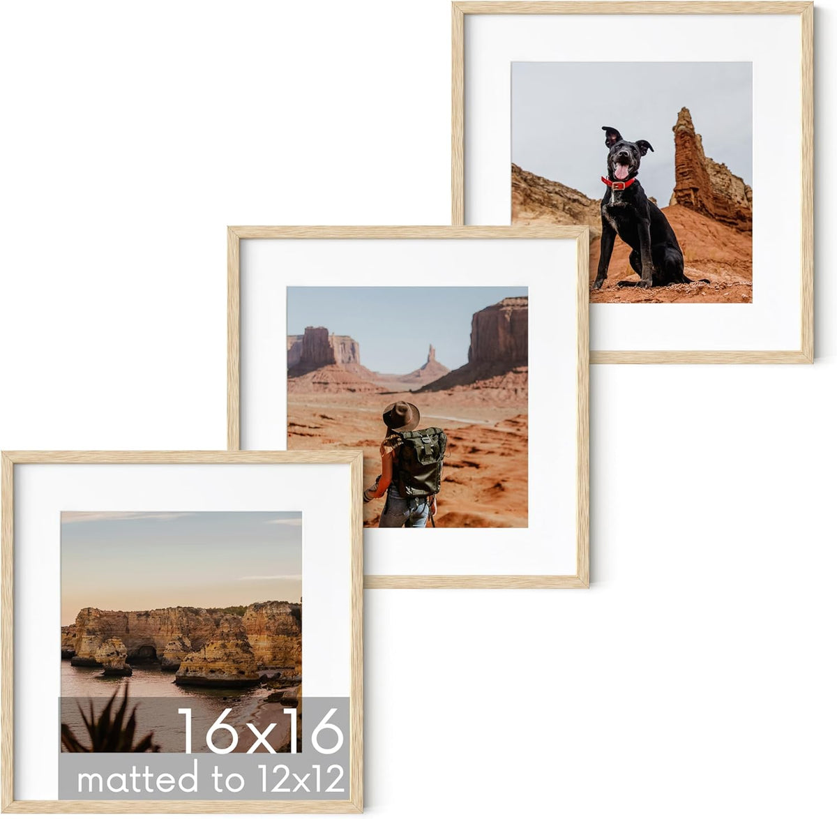 HAUS AND HUES Solid Oak Wood 16”x16” Picture Frames Matted to 12”x12” Set of 3 - Beige Square