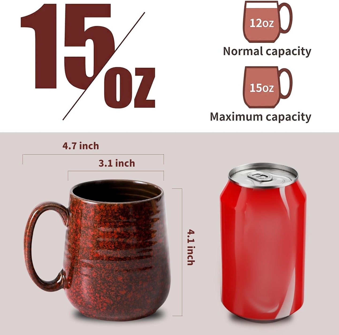 Hasense Red Coffee Mugs Set of 4, 12 oz Coffee Cups Ceramic, Latte Mug with Large Handle for