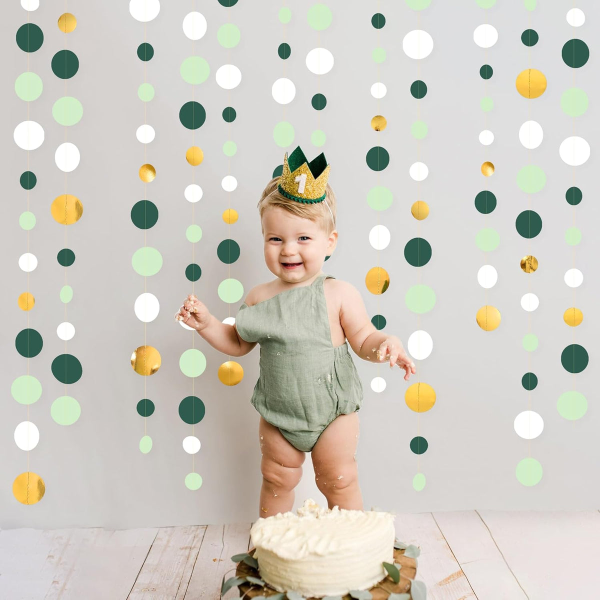 46 Ft Sage Green Gold Party Decorations Polka Dots Garlands Hanging Paper Circle Dots Streamer for