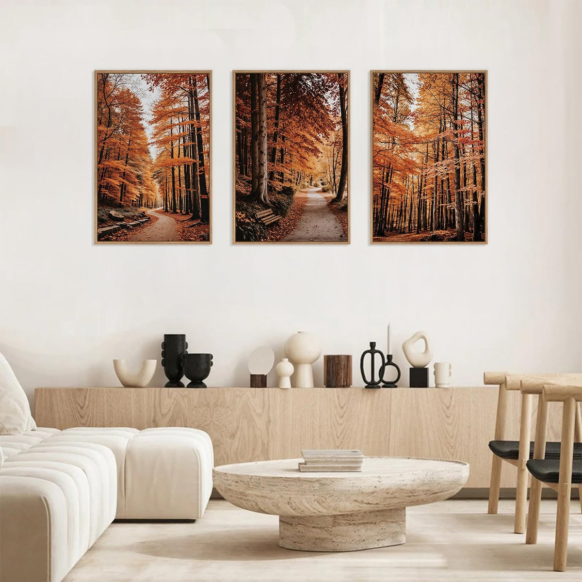 HLNIUC Autumn Forest Framed Canvas Wall Art,Fall Nature Pictures Wall Decor Set of 3(16”x24”) Large