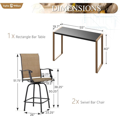 Sophia & William Outdoor Bar Set, Patio Bar Table and Chairs Set, Bar Height Patio Set - 2 x Swivel