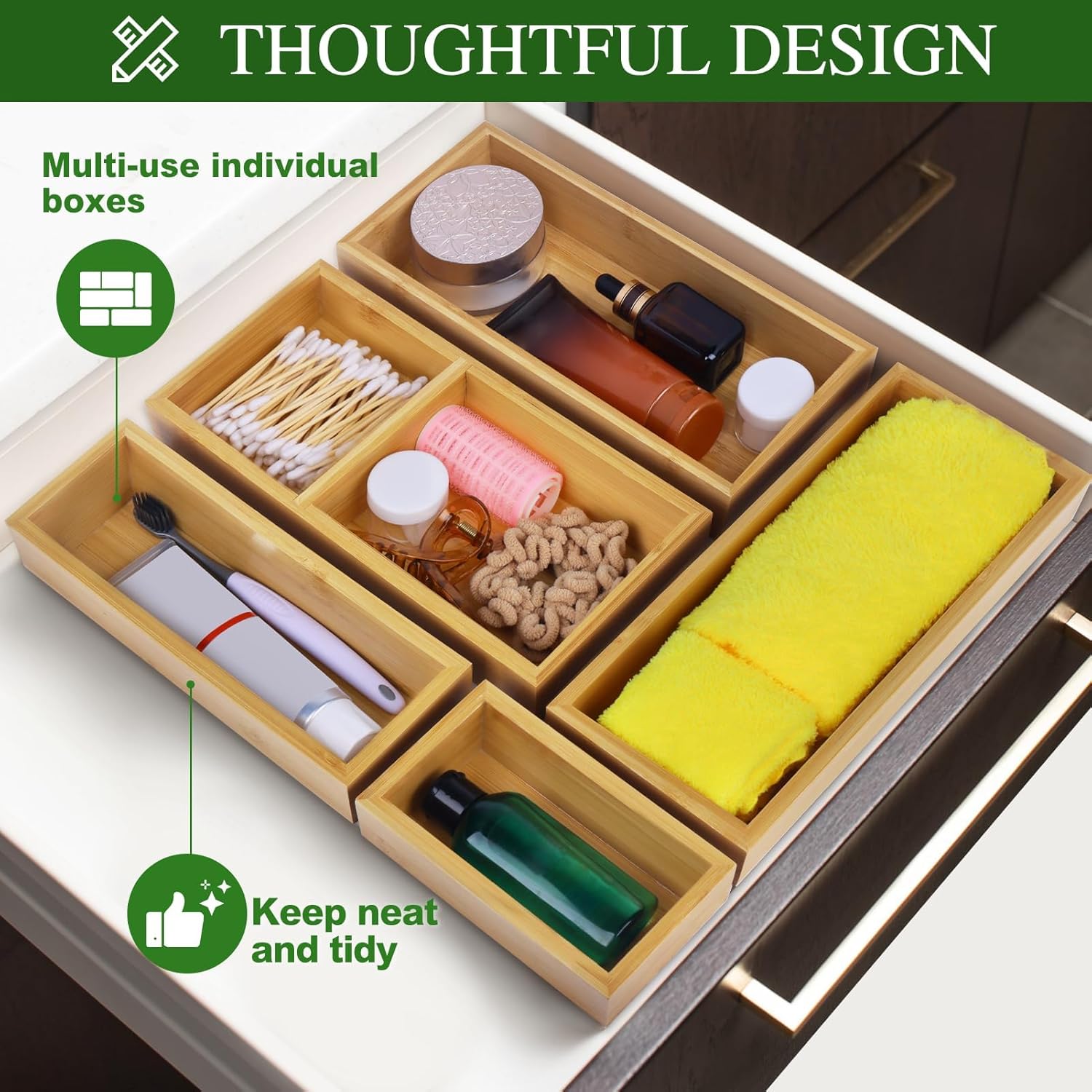 Bamboo Drawer Organizer Set, 5 PCS Multi-Use Individual Wood Storage Organizers, Junk Drawer