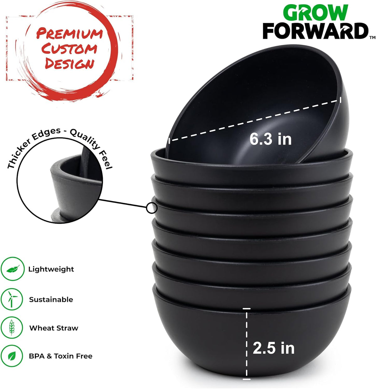 Grow Forward Premium Wheat Straw Bowls - 27oz Microwave Safe Plastic Cereal Bowls Set of 8 for