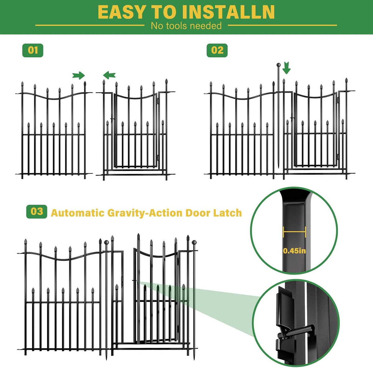 10 Panels No Dig Decorative Garden Fence with Gate, 32in(H) × 22ft(L) Heavy-Duty Rustproof Metal