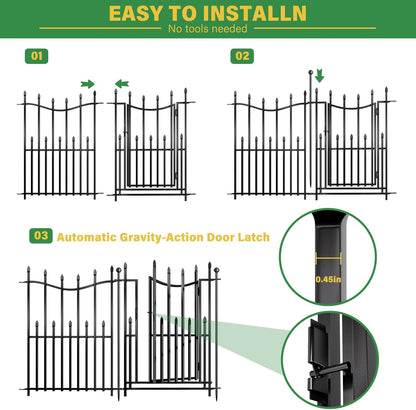 10 Panels No Dig Decorative Garden Fence with Gate, 32in(H) × 22ft(L) Heavy-Duty Rustproof Metal
