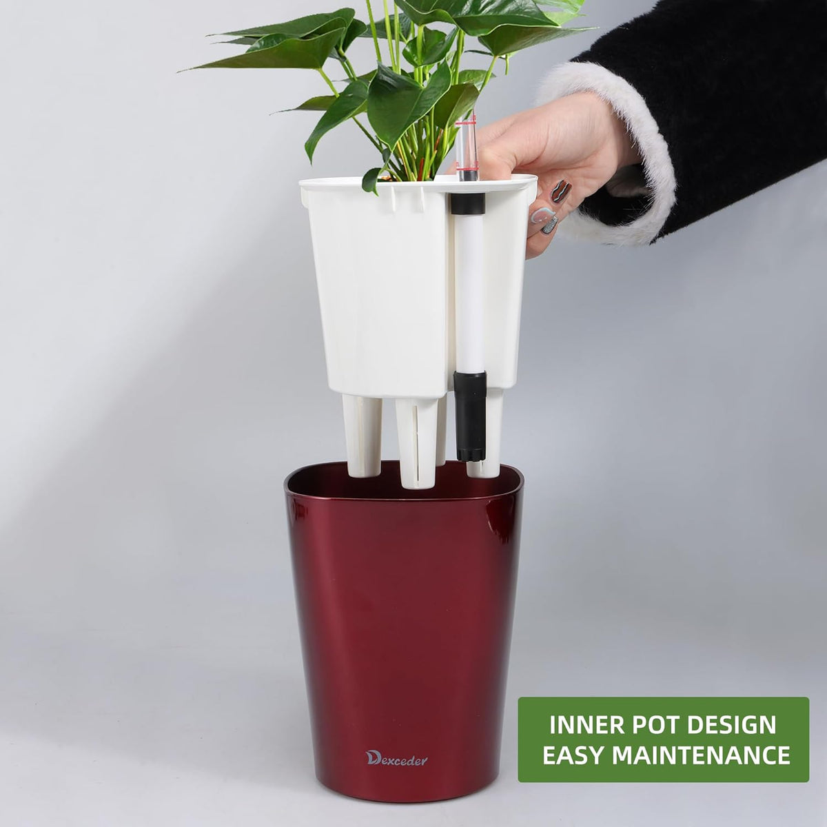 Dexceder 6x7 Self Watering Planter Indoor Outdoor, High Gloss Table Flower Plant Pot with Water