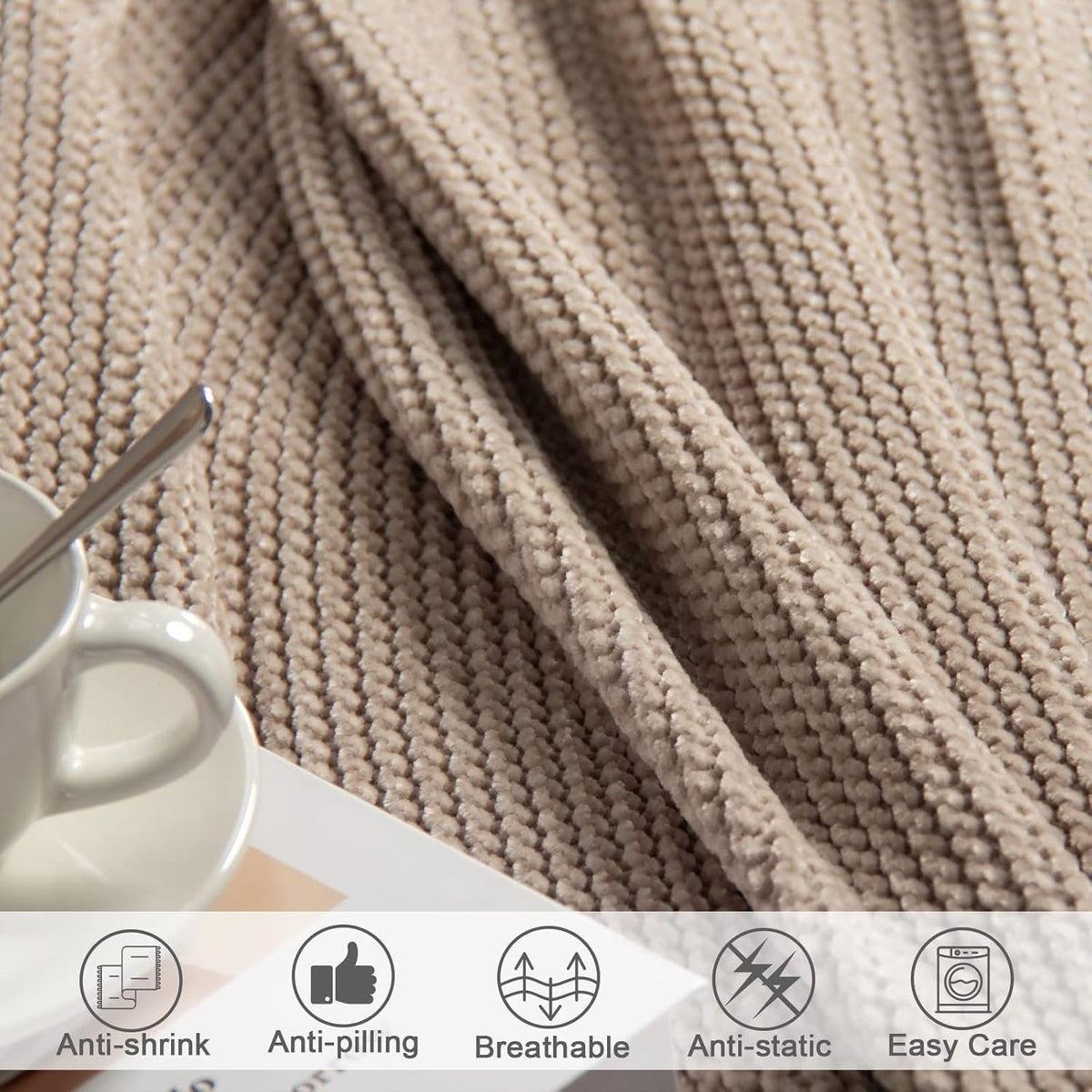 lifein Throw Blanket for Couch, Soft Boho Decor Bed Throw,Cozy Beige Knitted Chenille Small