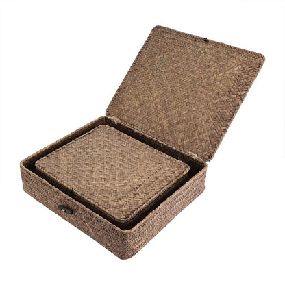 Hipiwe Set of 2 Flat Woven Wicker Storage Bins with Lid Seagrass Basket