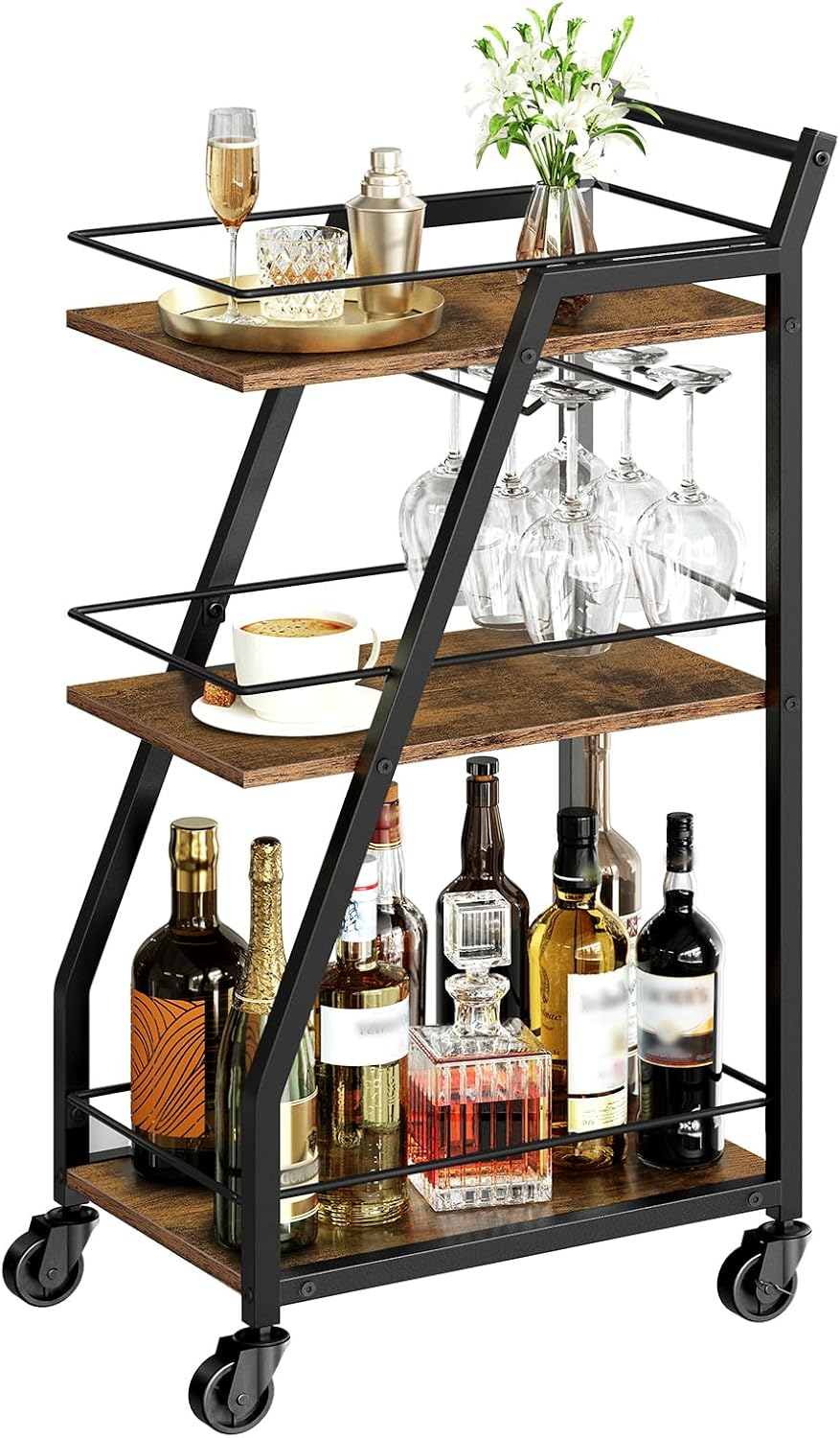 Bar Cart, 3-Tier Bar Cart for The Home, Home Bar Serving Cart with Glass Holders, Beverage Cart for