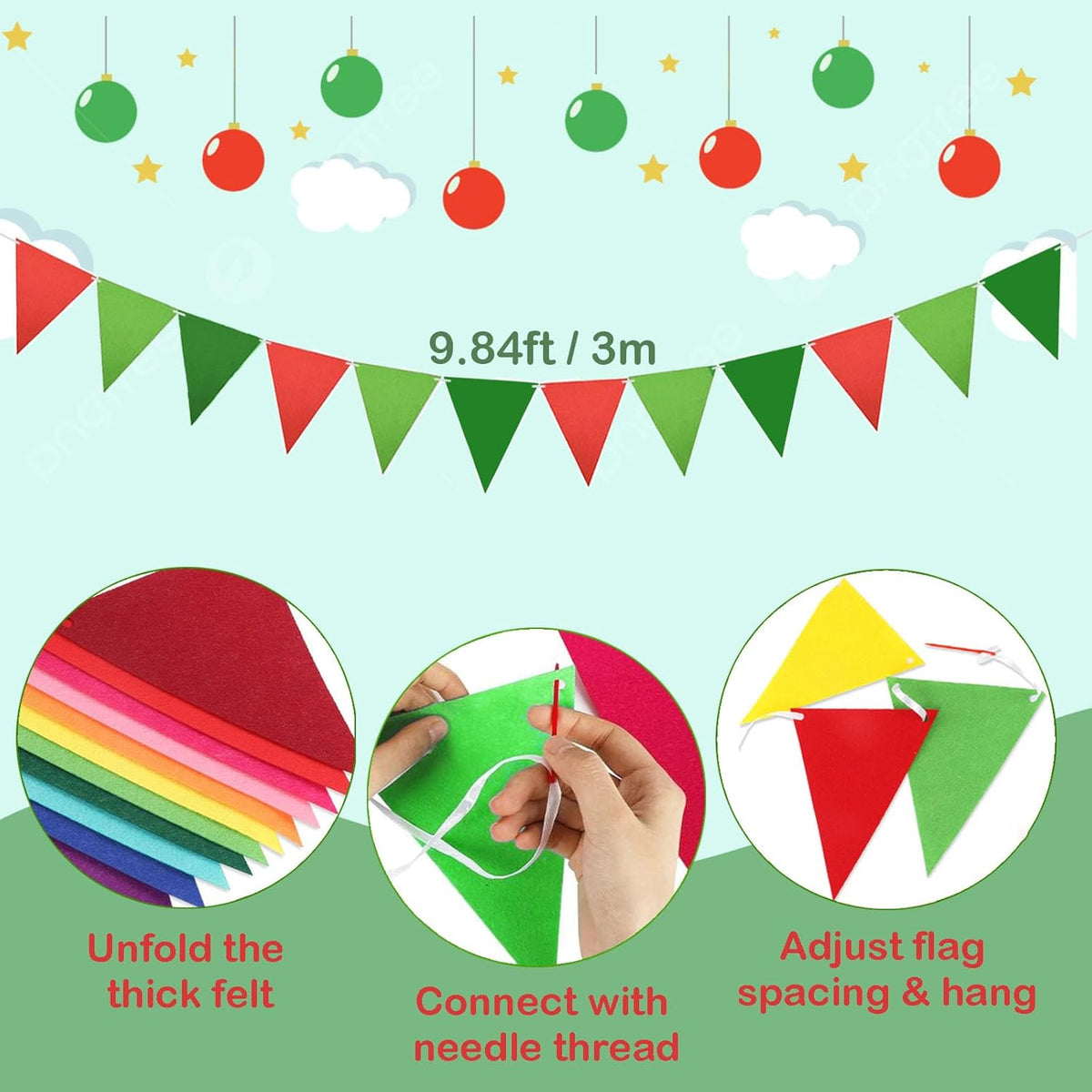 4 Pcs Christmas Tassel Garlands, 9.8 Feet Pom Pom Balls Garland Decor, Colorful Felt Fabric Pennant