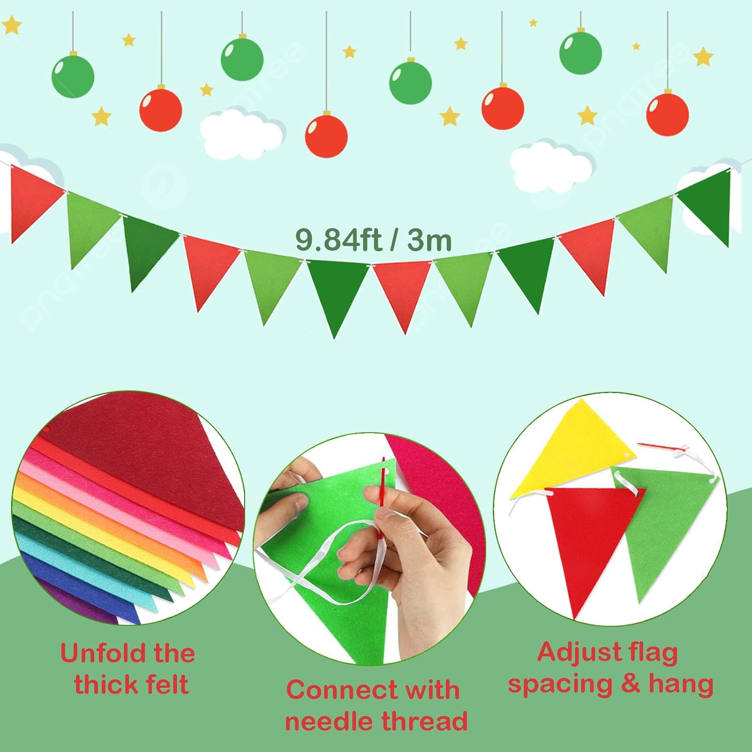 4 Pcs Christmas Tassel Garlands, 9.8 Feet Pom Pom Balls Garland Decor, Colorful Felt Fabric Pennant
