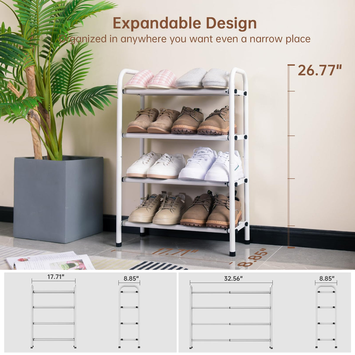 Gonfoam Expandable 4-Tier Shoe Rack for Closet and Entryway, White