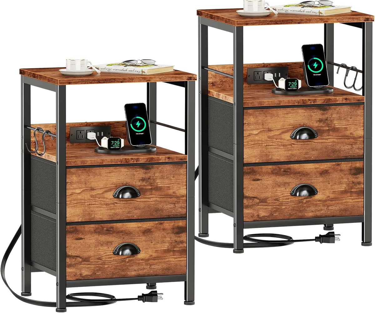Furologee Nightstand Set of 2, Rustic Brown, with Charging Station and USB Ports, Side Tables with