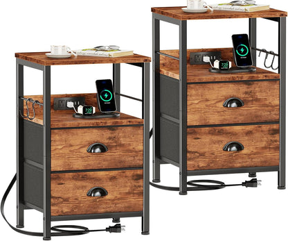 Furologee Nightstand Set of 2, Rustic Brown, with Charging Station and USB Ports, Side Tables with