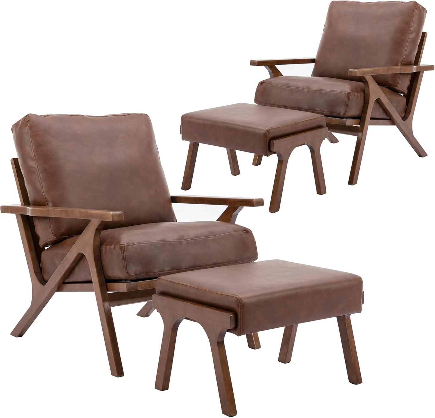 chairus 2 Sets Mid-Century Modern Accent Chairs with Ottoman, Faux Leather Armchair with Wood Legs