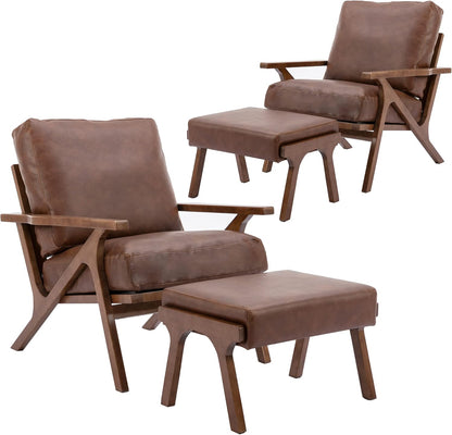 chairus 2 Sets Mid-Century Modern Accent Chairs with Ottoman, Faux Leather Armchair with Wood Legs