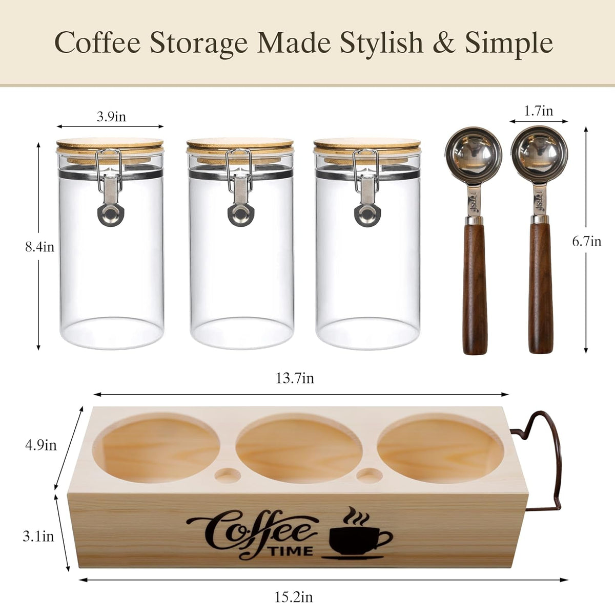 Glass Coffee Canister Set with Shelf & Spoons 3 Piece Coffee Containers for Ground Coffee Coffee