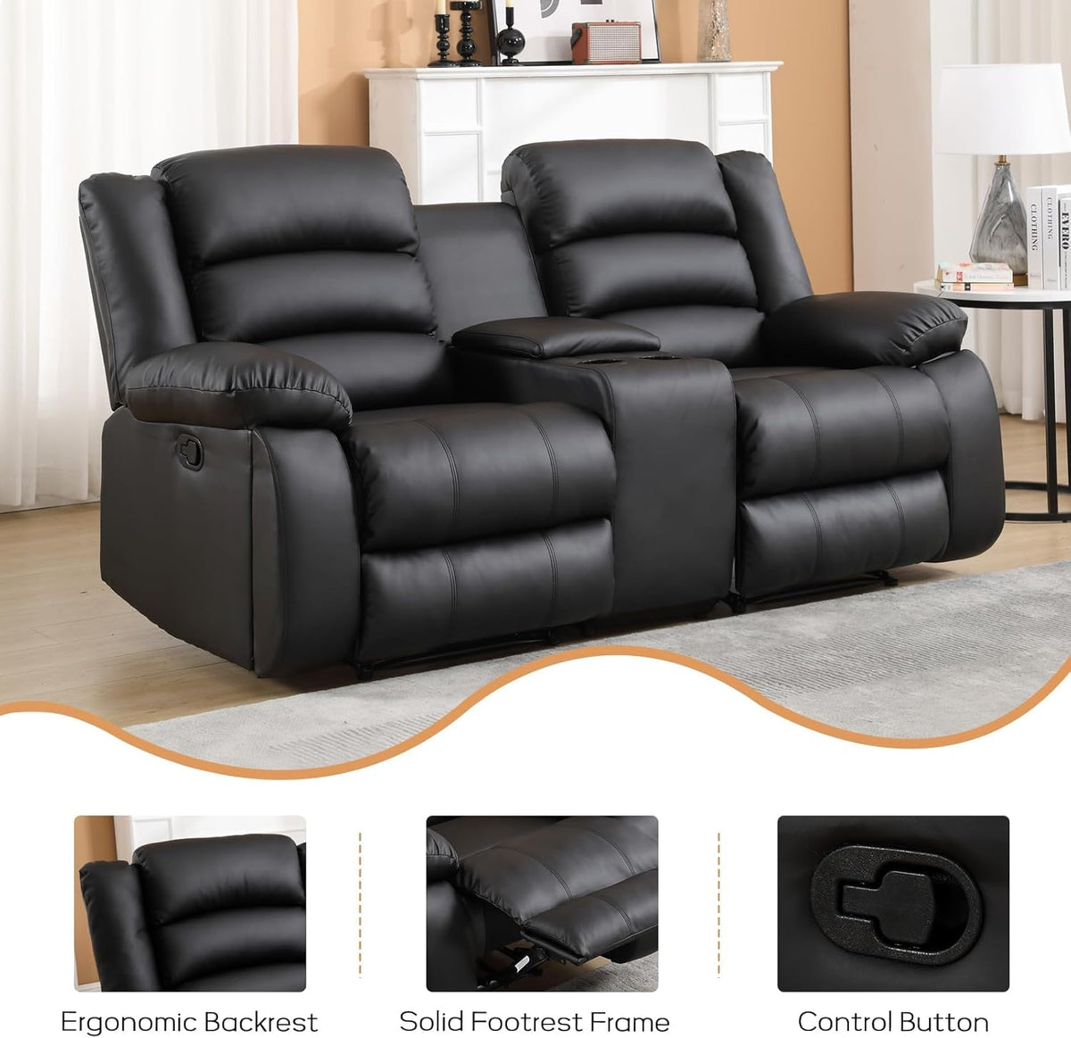 EBELLO Faux Leather Manual Loveseat Recliner, Reclining Sofa Chair with 2 Concealed Cup Holders