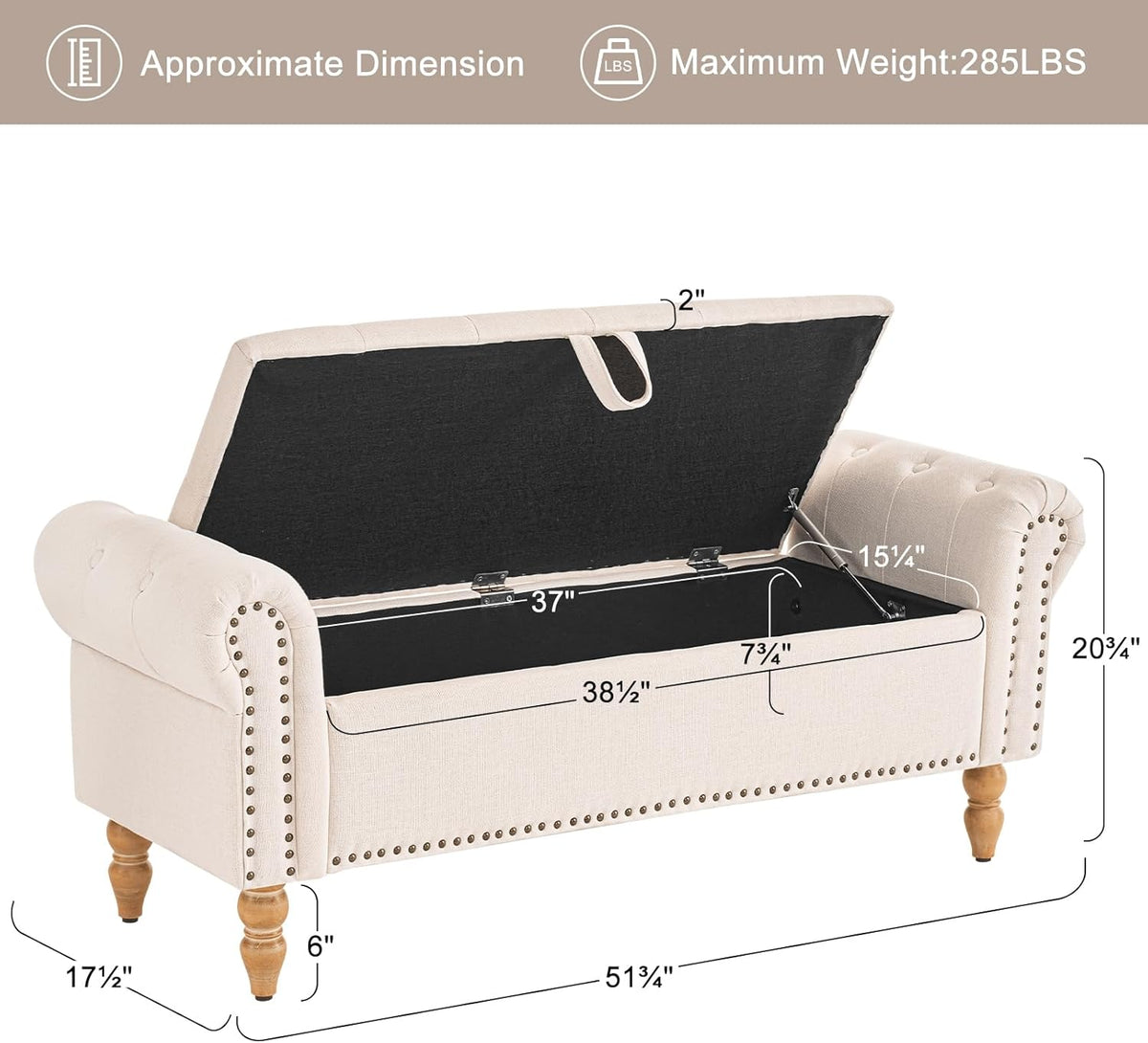Furniliving 51” Storage Benches, End of Bed Bench with Button-Tufted Large Upholstered Storage