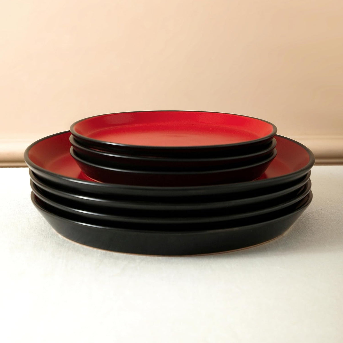 Stone Lain Albie Stoneware 16 Piece Dinnerware Set, Plates and Bowls Sets, Dish Set for 4, Red and