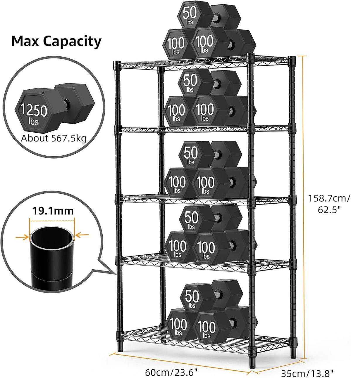 1250 lbs Storage Shelving Utility Shelving Unit 5-Tier Utility Shelving Unit Steel Organizer Wire