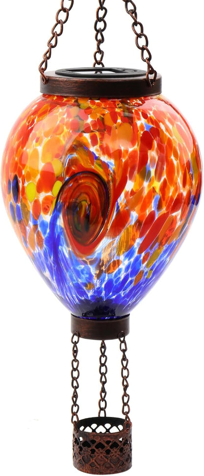 VOREEN Solar Hot Air Balloon Light – Hand Blown Colorful Glass Outdoor Hanging Lantern, Waterproof