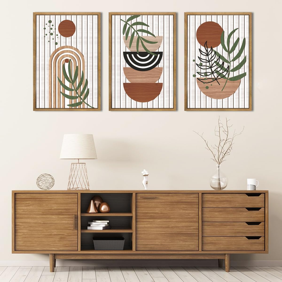 Large Boho Mid Century Wood Wall Art Set Modern Bohemian Wooden Wall Decor Minimalist Leaf Art