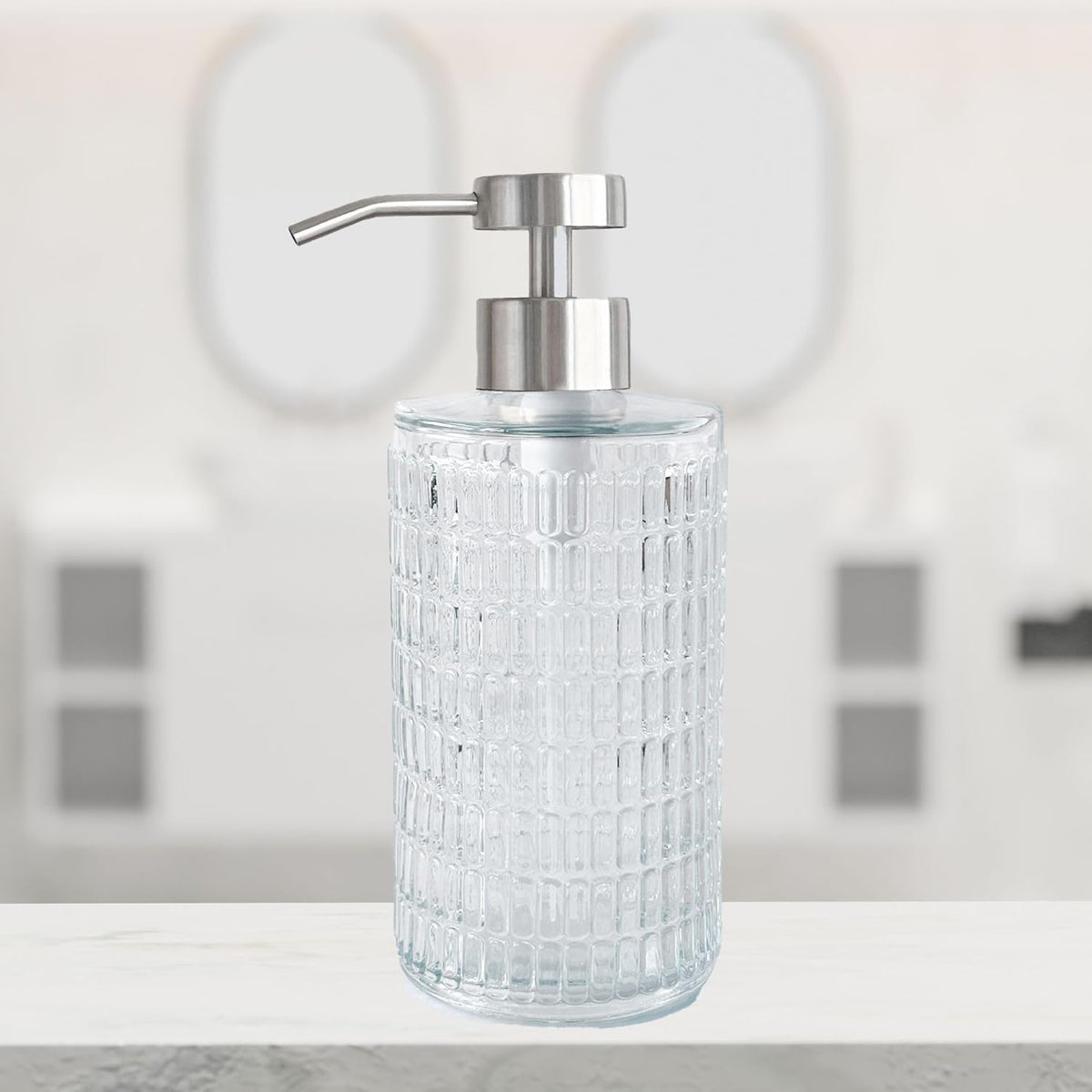 Lunestella Elegant Glass Hand Soap Dispenser with Stainless Steel Pump, for Bathroom and Kitchen