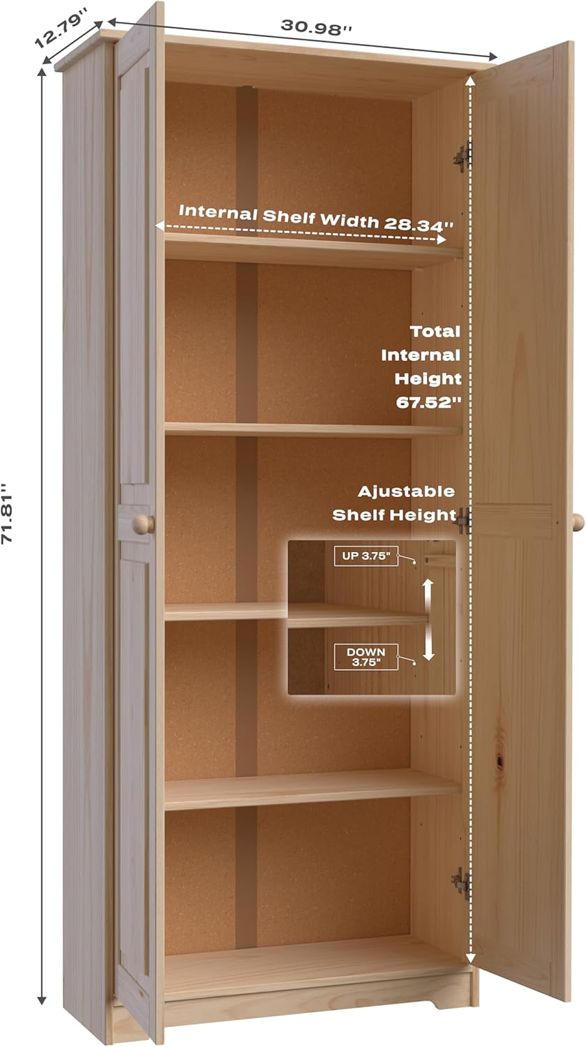 Pantry Cabinet Storage Cabinet with 2 Doors Solid Wood - Adjustable Shelves for Kitchen, Dining