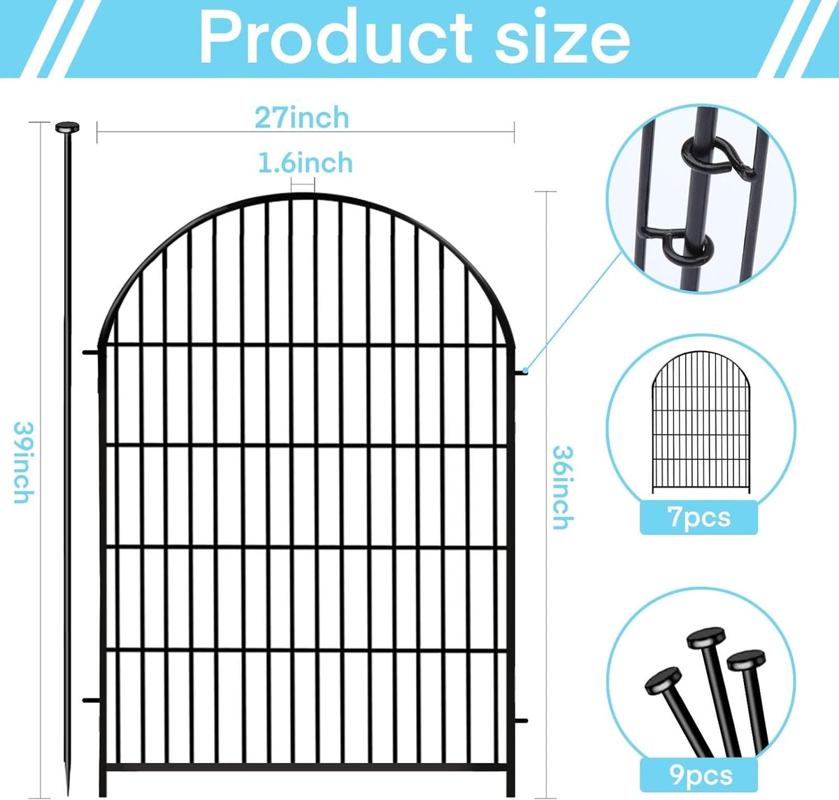 Garden Fence Border, 36 in(H) x17.5 Ft(L) 8 Panels, Tall Garden Animal Barrier Fence with Gate, Dog