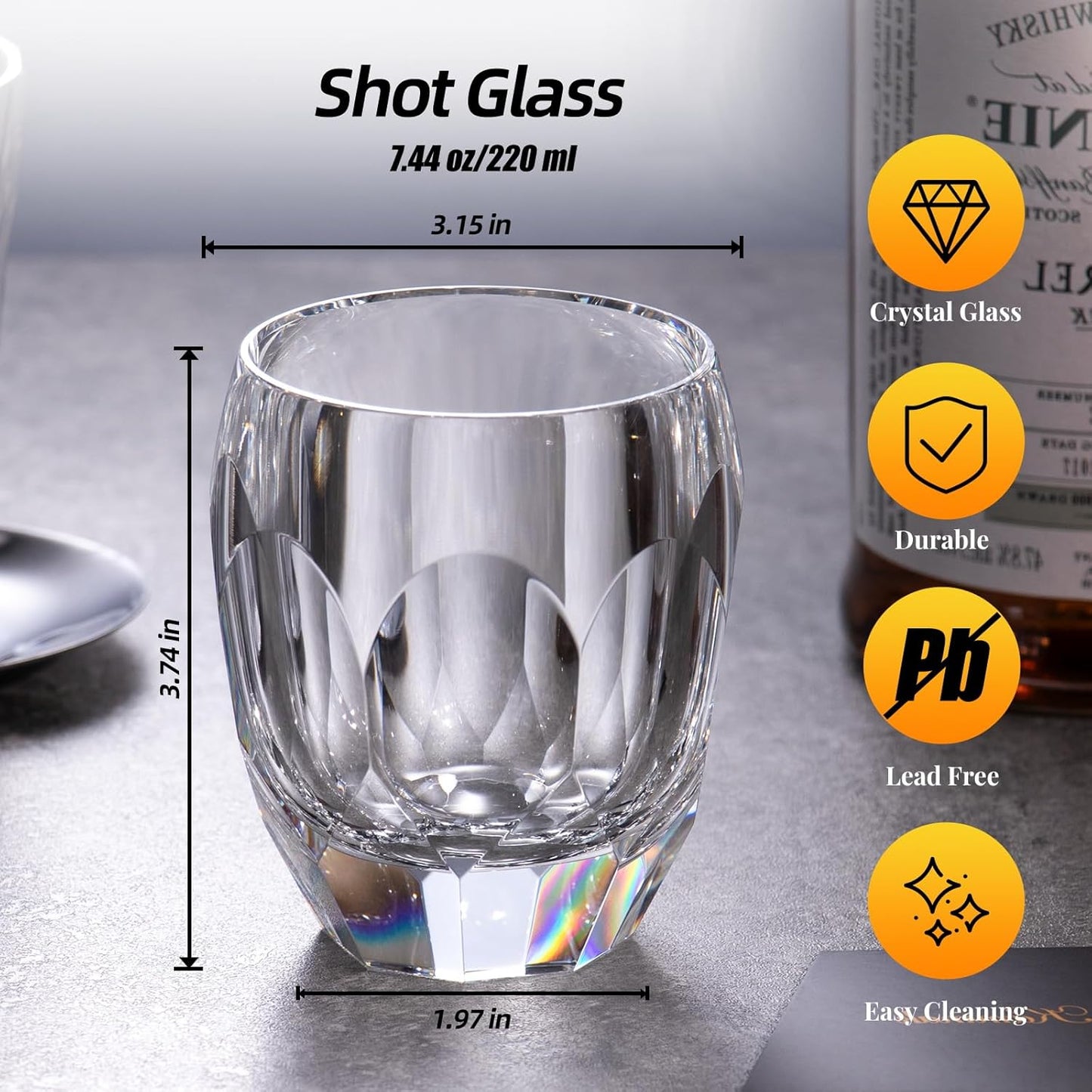 KAMMAK Crystal Whiskey Glasses Set of 2, Luxury 7.44oz Old Fashioned Glasses Stemless, Handcrafted