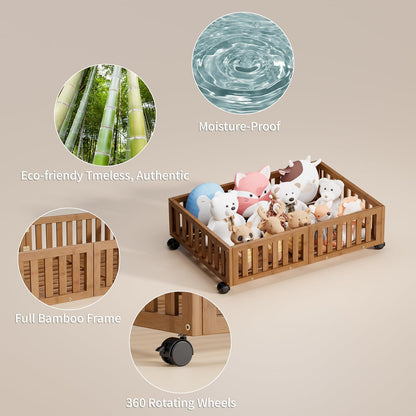 Bamboo Under Bed Storage with Wheels (2-Pack) – Rolling Underbed Shoe Organizer Box for Shoes