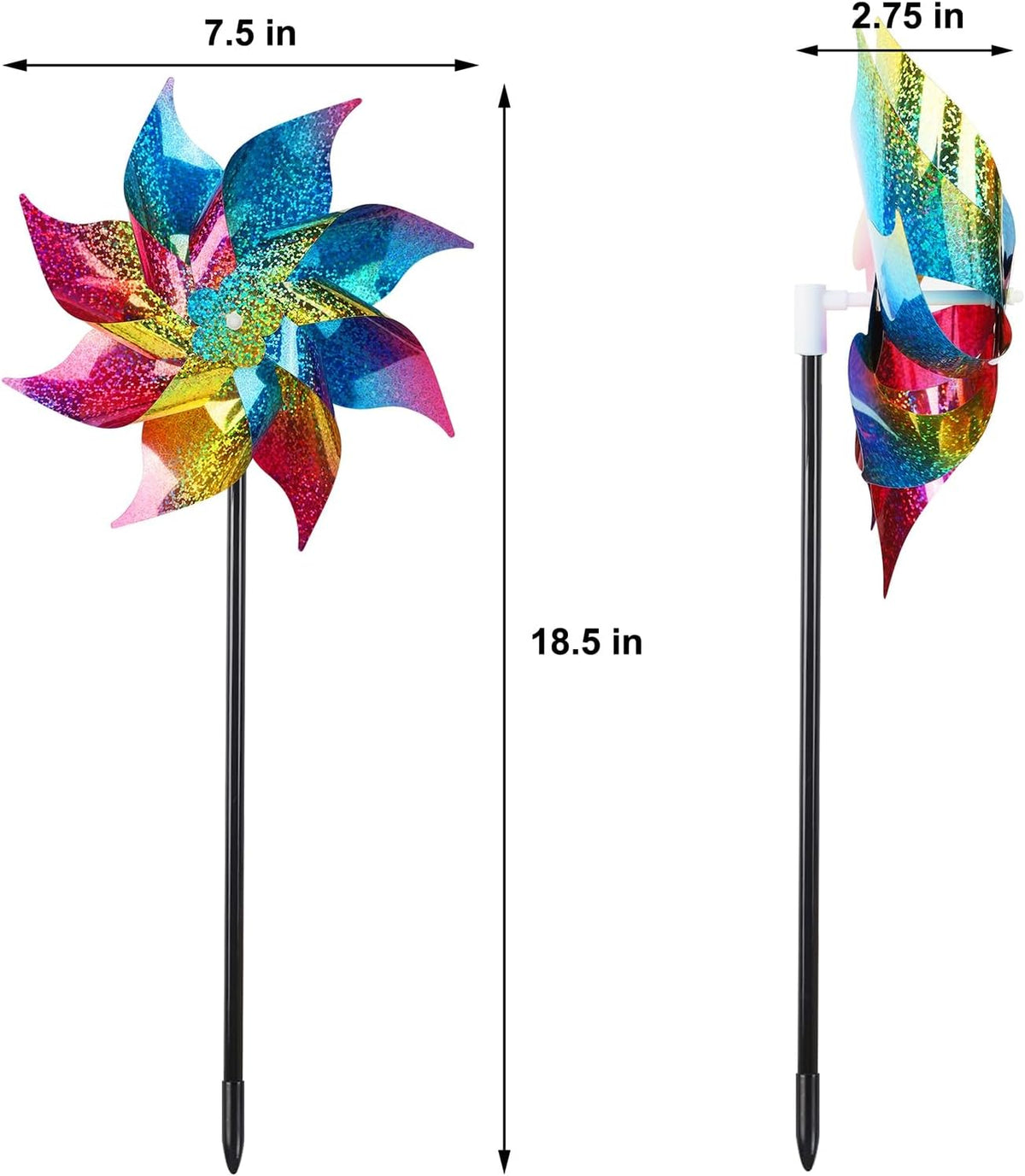 Hausse 10 Pack Reflective Pinwheels Wind Spinner, Extra Sparkly Rainbow Pinwheel with Stakes, Bird