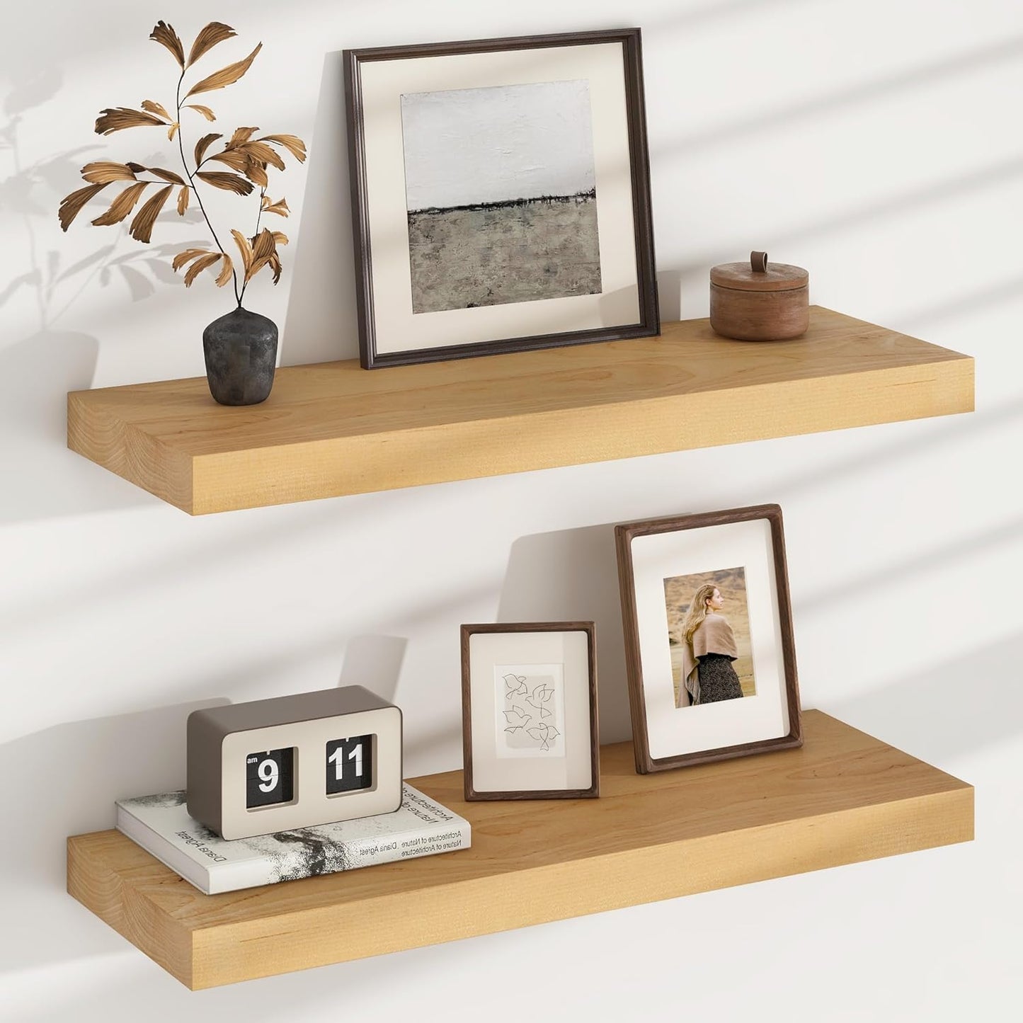 Floating Shelves for Wall, USA-Sourced Brich Wood 24 Inch Wall Shelves Set of 2, Natural Wooden