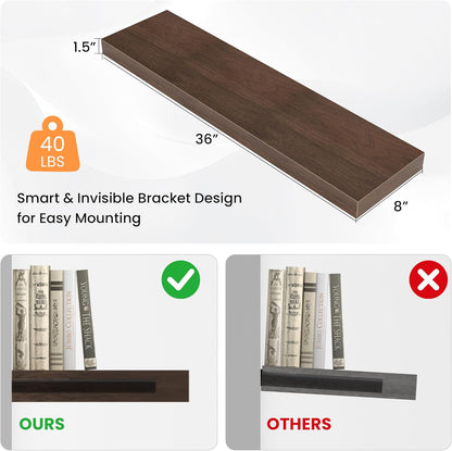 Floating Shelves for Wall, 36" W x 8" D x 1.5" H, Wooden Wall Mounted Display Shelves with