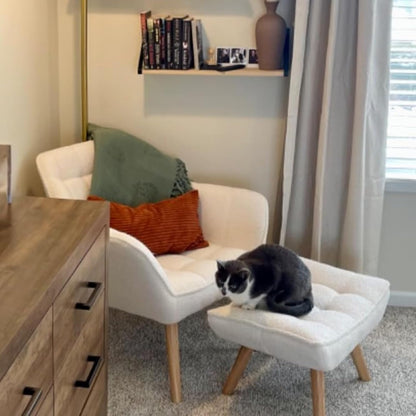 White Sherpa Accent Chair with Ottoman ，Modern Reading Chair with Ottoman Set, Comfy Fuzzy Armchair