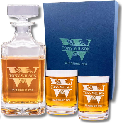 Gifts Inscribed Personalized Whiskey Decanter Set - Engraved Whiskey Decanter Bottle & Set of 2