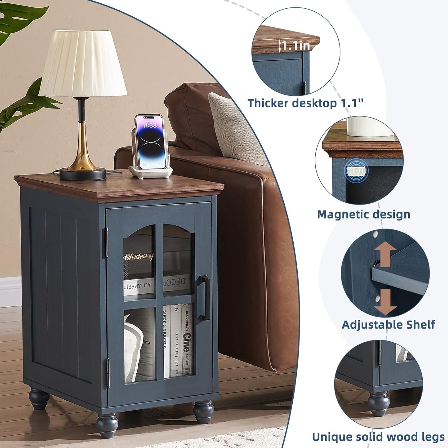 Narrow Side Table,Farmhouse Nightstand with Charging Station,Wood End Table with Glass Barn Door