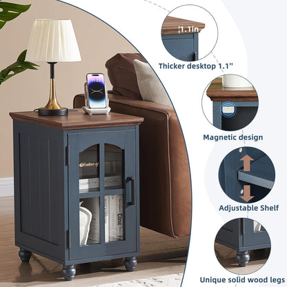 Narrow Side Table,Farmhouse Nightstand with Charging Station,Wood End Table with Glass Barn Door