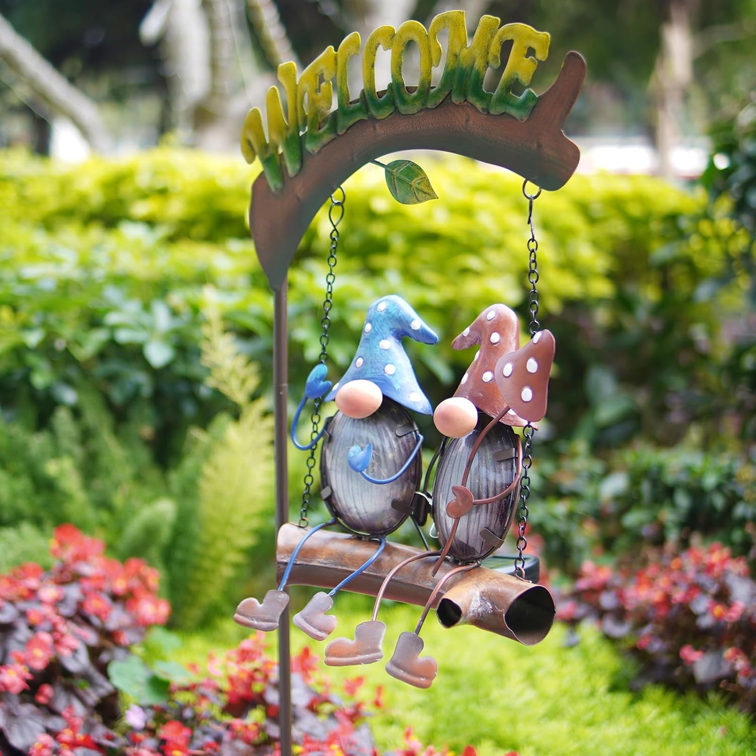 HONGLAND Gnome Garden Decor with Solar Lights, Funny Gnomes Swing Outdoor Decor, Gardening Gifts